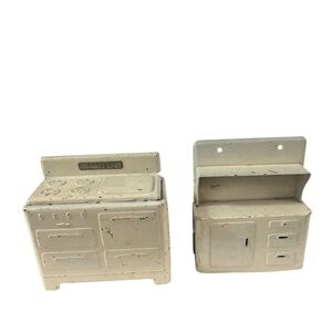 Lot of Vintage Cream Dollhouse Kitchen Miniature Cupboard and Metal Stove